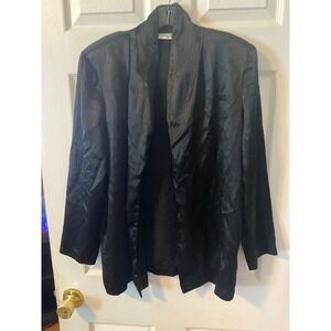 MJ Carroll Black Satin Open Front Blazer Lightweight Shawl Collar Jacket Womens‎